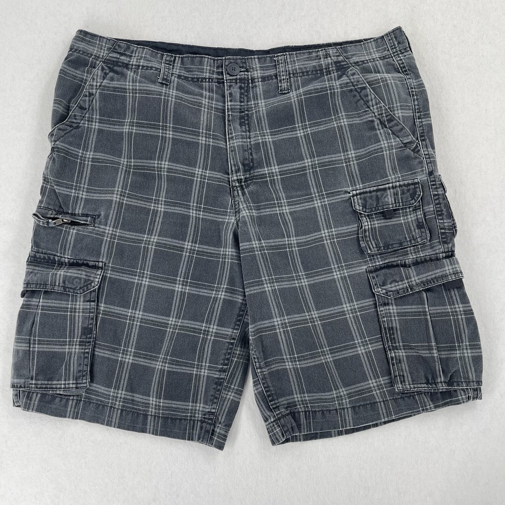 Faded Glory Cargo Shorts Men 40 White Gray Plaid Utility Pockets Outdoor Hiking